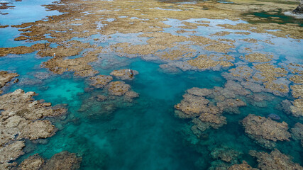 奄美大島の珊瑚礁をドローンで撮影。自然、海、リーフ、波