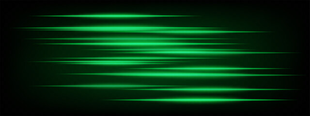 Collection of green horizontal abstract neon streaks glowing dynamically on dark background. Futuristic speed lines perfect for digital effects, interfaces, tech projects. EPS vector illustration.