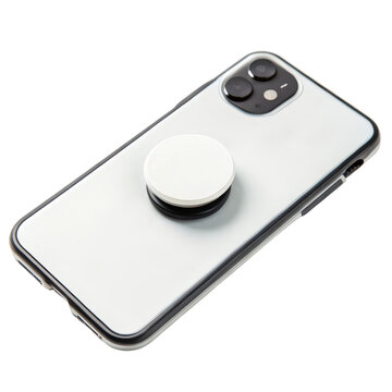 Smartphone with a pop socket on a sleek, transparent case.