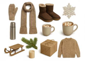 Png cozy winter attributes set with mittens, scarves, gifts, hot drinks, and boots isolated on transparent background. concept of seasonal comfort, warmth, holiday decor, winter elements
