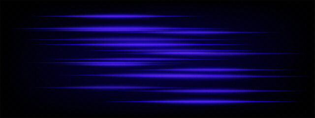 Set of blue horizontal neon speed lines glowing brightly on dark background. Futuristic abstract beams ideal for UI elements, digital effects, tech designs. EPS vector illustration.