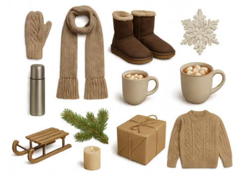 Png cozy winter attributes set with mittens, scarves, gifts, hot drinks, and boots isolated on transparent background. concept of seasonal comfort, warmth, holiday decor, winter elements