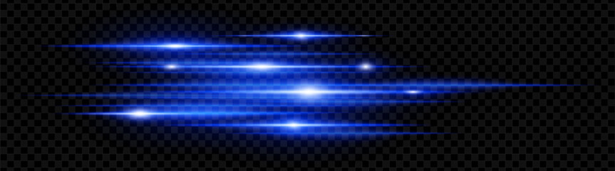 Blue horizontal neon lens flares isolated on transparent background. Abstract glowing beams ideal for digital effects, futuristic designs, UI. EPS vector illustration.