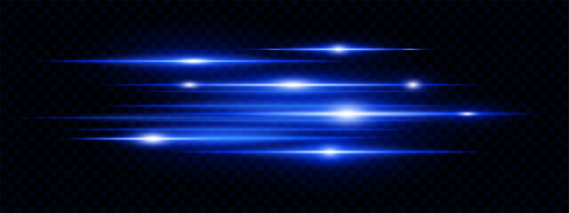 Blue horizontal lens flare neon streaks on transparent background. Futuristic abstract beams ideal for technology interfaces, banners, digital projects. EPS vector illustration.