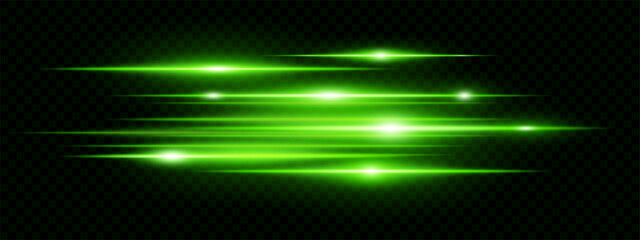 Bright green horizontal neon lens flares isolated on transparent background. Futuristic abstract beams ideal for UI, digital design, sci-fi effects. EPS vector illustration.