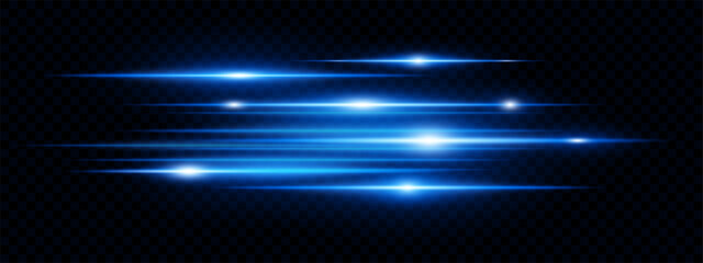 Bright blue horizontal neon lens flares isolated on transparent background. Futuristic abstract beams ideal for UI, digital design, sci-fi effects. EPS vector illustration.