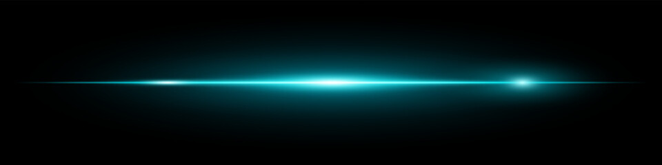 Minimalistic horizontal blue lens flare glowing brightly on dark background. Abstract futuristic beam ideal for digital effects, UI, technology visuals. EPS vector illustration.