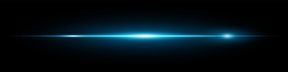 Minimalistic horizontal blue lens flare glowing brightly on dark background. Abstract futuristic beam ideal for digital effects, UI, technology visuals. EPS vector illustration.