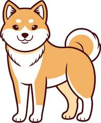 Cartoon illustration of a shiba inu dog with orange and white fur standing calmly