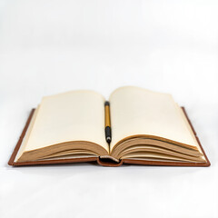Open blank notebook with pen on white background
