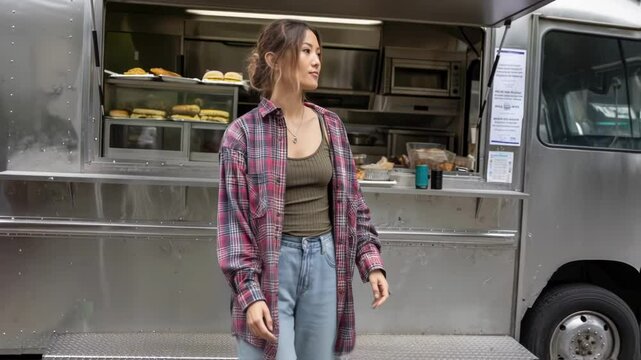 An individual poses near a food truck showcasing a layered outfit with a plaid flannel shirt over a tank top ripped jeans and platform sneakers enhancing the casual yet trendy vibe