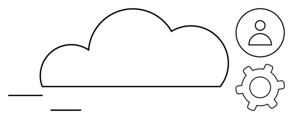 Cloud with lines indicating connection, user profile, gear icon. Ideal for cloud services, data storage, user access, configuration, technology, organization flat simple metaphor