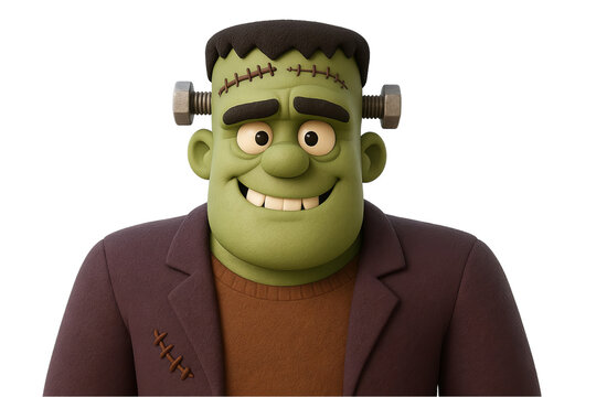 Png 3d cartoon frankenstein monster with smiling expression isolated on transparent background. concept of halloween decor, spooky fun, monster character illustration.