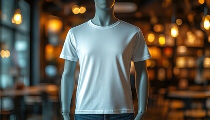 Obraz premium Stylish blank white t shirt on mannequin showcased in warm inviting cafe setting with soft lighting