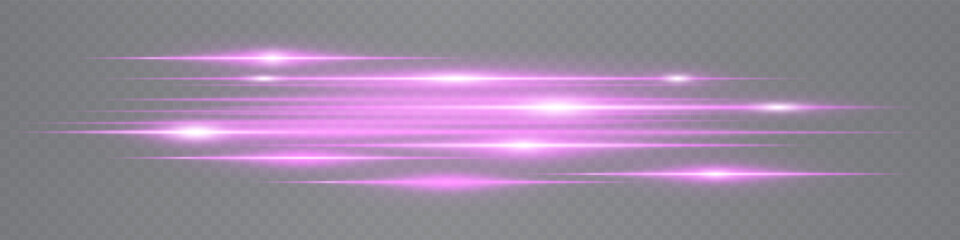 Set of dynamic pink neon lens flare streaks glowing on transparent background. Futuristic abstract beams ideal for tech visuals, digital interfaces. EPS vector illustration.