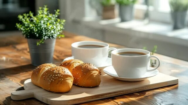 Slow Zoom-In on Steaming Coffee Cups and Fresh Bread Rolls in Cozy Sunlit Morning Scene