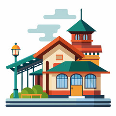Fototapeta premium Colorful train station building with clock tower and greenery 