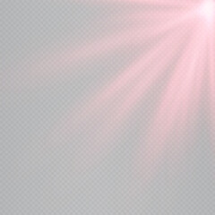 Diagonal pink lens flare rays glowing softly from corner isolated on transparent background. Elegant glow ideal for digital effects, UI, and modern visuals. EPS vector illustration.