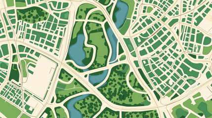Obraz premium Aerial view of green urban park layout with winding paths and water bodies