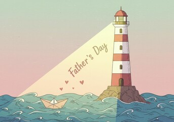 Lighthouse illuminating a paper boat on the ocean with hearts and the words father's day, concept strong dad support love and protection, greeting card design