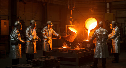 Molten Metal Pouring Operation at Steel Foundry with Workers in Silver Protective Gear
