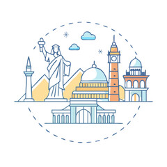 World Landmarks Illustrated Travel Destinations Famous Monuments Global Architecture Iconic Structures Famous Buildings Cityscapes