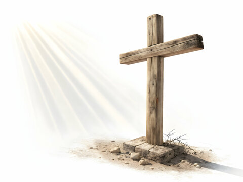 Wooden Cross on Stone Base with Light Rays on White Background - Powered by Adobe