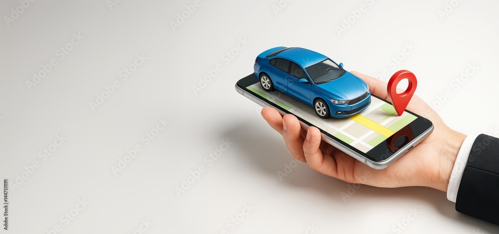 Poster Blue car and red location pin on smartphone screen held in hand symbolizing GPS navigation and mobile location tracking concept on light background.