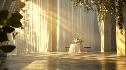 Sunlit indoor space with draped fabrics, a table, and greenery