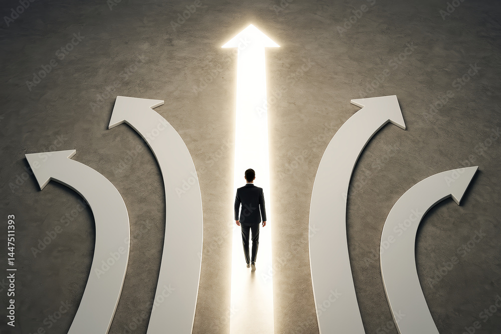 Poster businessman walking toward bright arrow path surrounded by curved arrows on concrete background symb