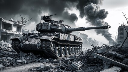 Tank in War-Torn Urban Landscape with Destruction and Smoke