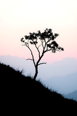 Obraz premium Minimalist nature landscape featuring a dark silhouette of a tree or mountain against a soft pastel gradient sky. Flat or semi-realistic style with a calm, peaceful mood. Created with generated AI