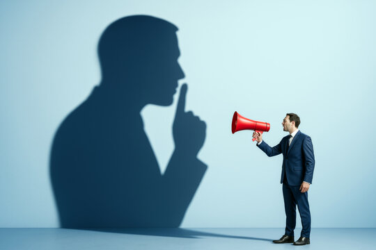 Businessman holding megaphone casting shadow making silence gesture on light blue abstract background as conceptual metaphor for inner conflict.