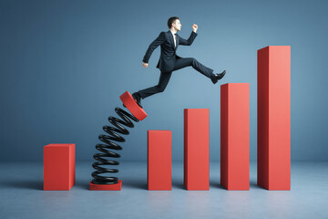 Businessman springing onto rising bar graph symbolizing progress and career growth with modern concept on blue background.