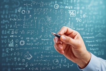 Hand drawing complex mathematical formulas and graphs on a digital light blue background symbolizing education, learning, and creative study concepts.