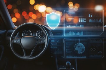 Futuristic car dashboard interface with digital data displays and cybersecurity shield icon on blurred city lights background at night.