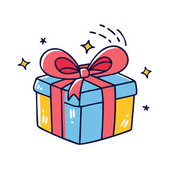 A delightful cartoon illustration of a gift box with a big pink ribbon and sparkling stars