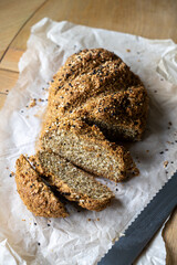 Homemade soda bread with flax seeds flour, keto diet.