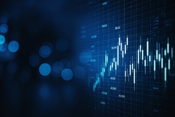 Digital forex market chart with glowing candlestick data on dark blue background representing financial analysis and economic growth concept.