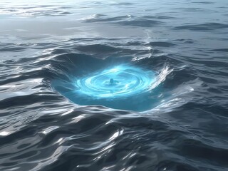 青い光の渦が水面に現れる抽象的な表現波の動きとエネルギーの視覚効果