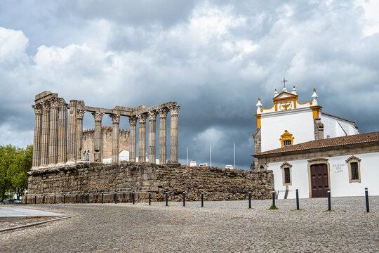 Ruins of the Roman Temple in Evora, Alentejo, Portugal. Temple of Diana