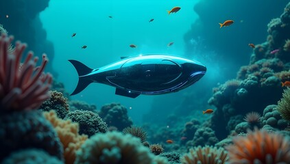 Fototapeta premium A futuristic underwater drone glides through a vibrant coral reef, surrounded by colorful fish. Ideal for marine exploration, technology, and ocean life themes.