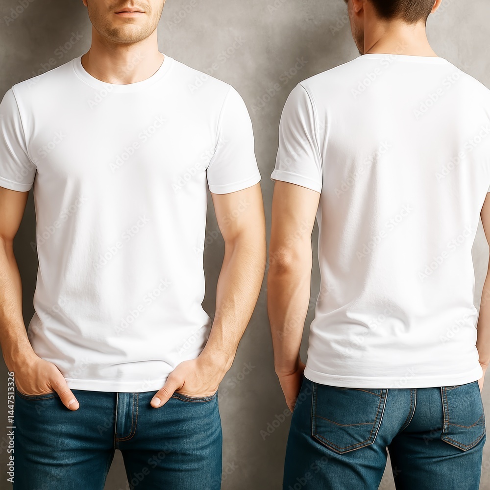 Poster front and back view of male model wearing blank white t-shirt for design mockup on light textured ba