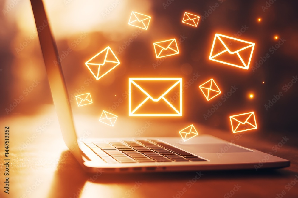 Poster Glowing email icons emerging from a laptop on a desk symbolizing digital communication and online messaging in modern business environment.