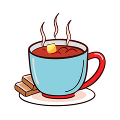 A delightful cup of hot chocolate with a pat of butter and toasted bread