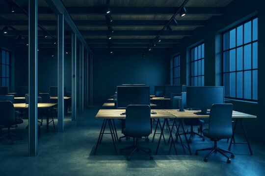 Modern open-plan office interior at night with moody lighting, wooden desks, and minimalist design in a dark loft building setting. - Powered by Adobe