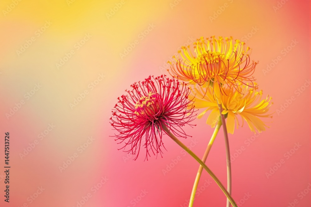 Poster abstract colorful flowers with intricate petals against a soft light gradient background in a creati