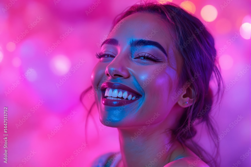 Poster vibrant portrait of smiling woman with glowing skin under neon light on colorful bokeh background in