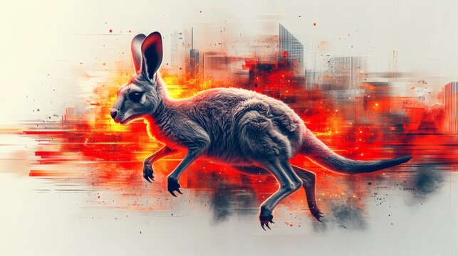 Alert agile kangaroo mid-leap, depicted with energetic brush strokes and vivid coloration, dynamic scene, on a transparent background, PNG image, PNG file.