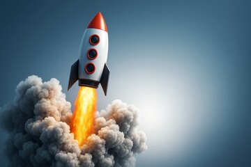 Cartoon-style rocket spaceship launching with fire and smoke against blue sky background symbolizing startup growth and business success concept.